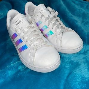 Adidas White Shoes with Iridescent Stripes